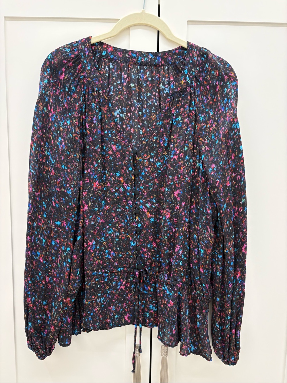 Women's Black Floral Long-Sleeve Peasant Blouse